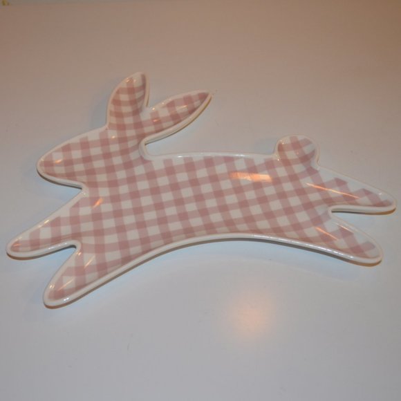 Meri Meri Holiday Easter Dish Shape of Bunny White Pink Crossing lines Pattern - Picture 2 of 5